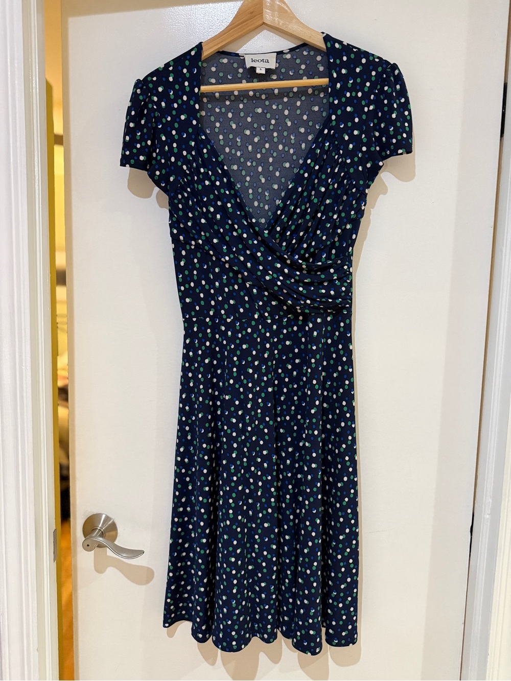 Leota Navy Midi Dress with Green and White Dot Print